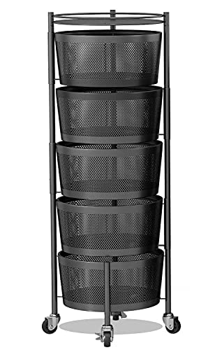 Rotating Storage Shelf Round Baskets Rack 5 Tier Metal Strong Rolling Cart with Wheels Wire Fruit Vegetable Kitchen Rack Floor Organizer Stand, Black