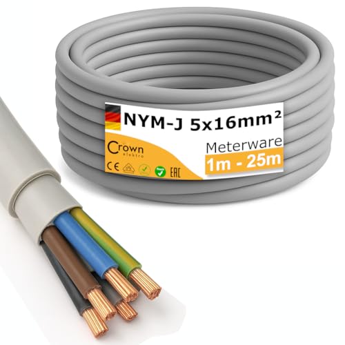 NYM-J 5x16mm² Mantelleitung | 1–25m Meterware | 5-adriges Starkstromkabel aus Kupfer | Feuchtraumkabel für Drehstrom, Wallbox & Elektroinstallation | Made in Germany | Länge (3m)