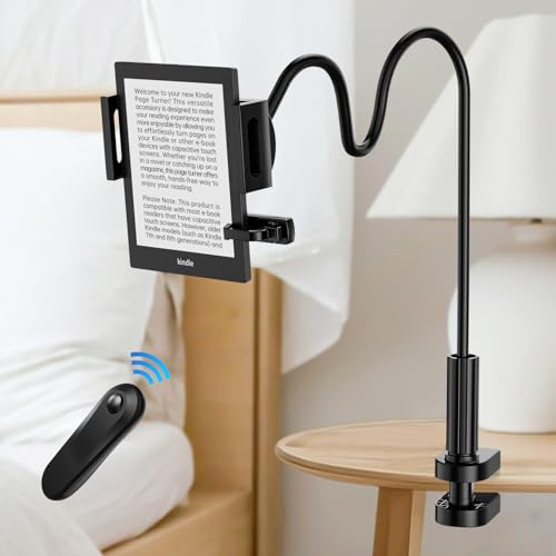 Kindle Holder with Remote Page Turner, Kindle Stand for Bed Reading, No Text Blocked 6mm Clip, No...