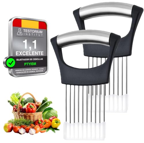 Ptyism Cortador de Cebolla (2 Piezas) con Cubierta Protectora y Soporte de Acero Inoxidable para Rodajas de Cebolla, Cortador de Verduras, Frutas, Patatas, Aguacates y Carne