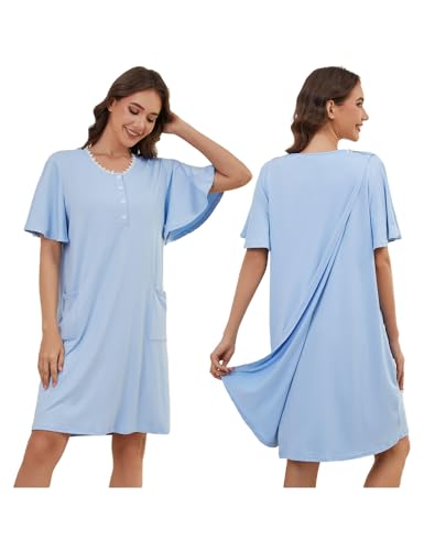 Image of CARANXTEX Hospital Gowns for Women Open Back Ruffle Sleeve Dress Post Surgery Tear Away Adaptive Nightgowns with Pockets