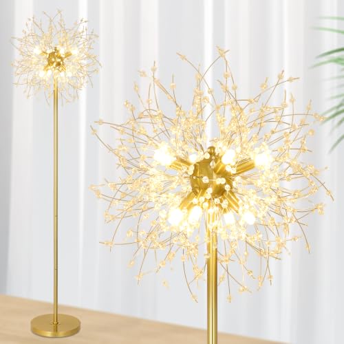 Rayofly Modern Stehlampen, Gold Feuerwerk Kristall Stehlampe Wohnzimmer, 8-Flammige Kristalle Stehlampen mit Fußschalter, Hohe 172CM, Glas Metall Stehleuchte, Golden Stehlampe für Schlafzimmer