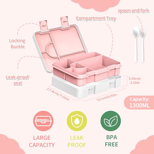 Image of Bento Lunch Box for Kids, Leak-Proof 5-Compartment Cute Lunchbox for Boys Girls, Drop-Proof, Food Container Microwave & Dishwasher Safe, Back to School Supplies for Ages 3 to 7, White /Rainbow