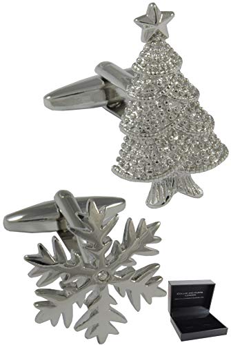 Manschettenknöpfe Herren Weihnachten - Mit Box - Weihnachtsbaum und Ikonischen Schneeflocke - Schnee - Langlebiges Messing - Silber Farbe - Ein Paar