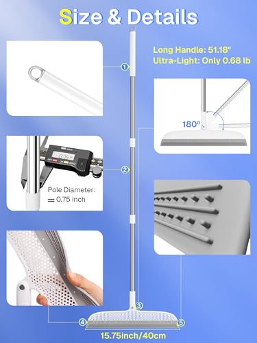 Image of Silicone Floor Squeegee, 180 Rotating Air Broom, Squeegee for Floor with a Long Handle, Magic Broom for Water and Pet Hair Removal on Bathroom Floors, Tile, Deck and Glass, Indoor Cleaning Tool