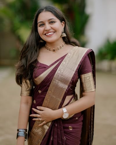 Image of Sugathari Women's Maroon Banarasi Kanchipuram Art Silk Saree for Women - Traditional Wedding & Party Saree with Blouse Piece - Ethnic Indian Silk Saree for Bridal, Festive (KS-156)