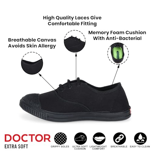 Image of DOCTOR EXTRA SOFT Uniform Tennis Canvas School Shoes with Laces Black & White for Boys & Girls | Memory Foam Cushion & Anti-Bacterial Technology| Lightweight | Comfortable| Durable & Anti-Skid D-3004