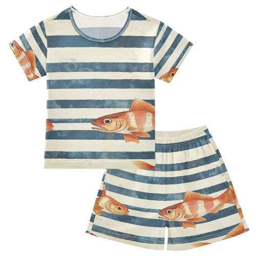 ALAZA Fishes Stripes Pajama Set Short Sleeve Sleepwear Soft Lounge Nightwear