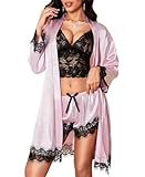 RSLOVE Sexy Lingerie Sets Women - Satin Robe Nightwear Silk Robe Babydoll Chemise Negligees Sleepwear 3-Pieces Pink S