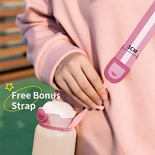 Diller Insulated Water Bottle With Straw, 14 Oz Travel Coffee Mug With Straps Mini Stainless Steel Water Bottles With Straw For Kids And Women Keep 12H Piping Hot & 24H Cold (Pink, 14 Oz) #TOP4