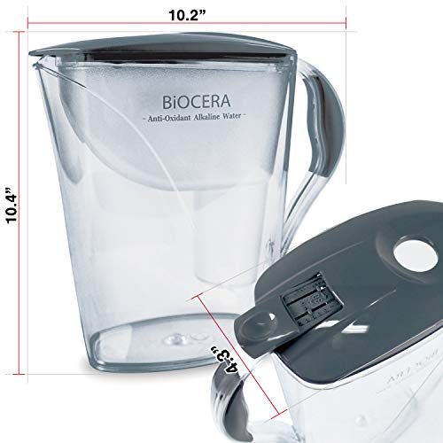 Bio Cera Alkaline Antioxidant Water Filter Pitcher (Includes 2 Free Cartridges) Bpa-Free, Toxin-Free Mineralized Alkaline Water Ionizer, Activated Carbon Filter - Up To Ph 9.5 #TOP1