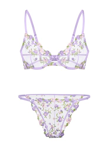 Image of Lilosy Sexy Floral Embroidered Mesh Sheer Underwire Lingerie Set