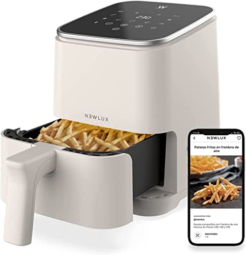 NEWLUX - Friteuse sans huile 2 l Air Power V20 (1200 W) avec 8 programmes et panneau LED tactile. Friteuse à air 2 l (jusqu'à 230 ℃) pour 2 personnes avec application de recettes. Sans PFOA | Crème Cover
