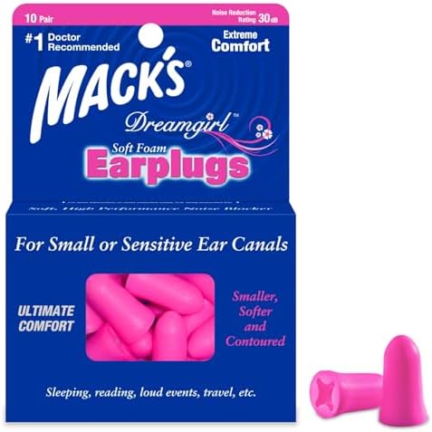 Mack's Dreamgirl Soft Foam Earplugs, 10 Pair, Pink - 30dB NRR, 33dB SNR - Small Ear Plugs for Sleeping, Snoring, Studying, Loud Events, Traveling & Concert