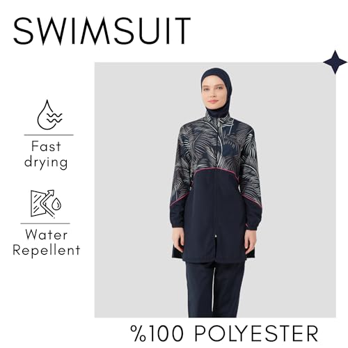 5 Piece Hijab Swimsuit for Women | Water Repellent Top, Leggings, Bonnet, Scarf and Bustier Burkini | Modest Women Clothing Navy Blue3