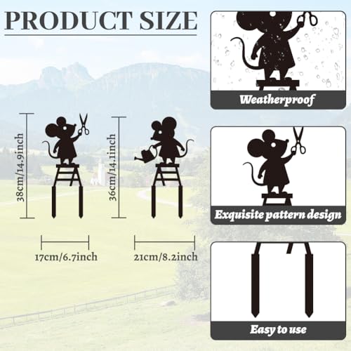 WADORN 2Pcs Mouse Metal Decorative Garden Stakes, Mouse Silhouette Metal Outdoor Statues Animal Garden Ornament Gifts Black Yard Art Decorations for Home Outdoor Patio Backyard Lawn Walkways by WADORN - Image 2