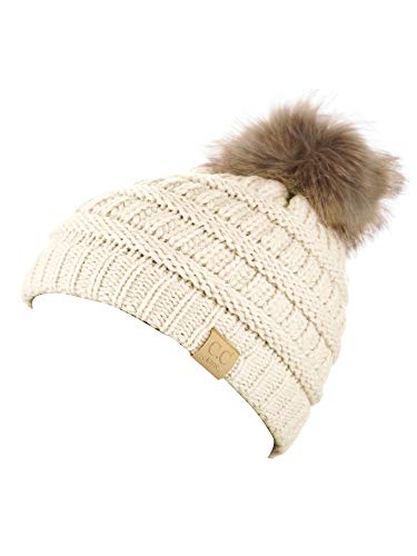 C.C Children's Kids' Soft Stretch Cable Knit Faux Fur Pom Beanie Hat3