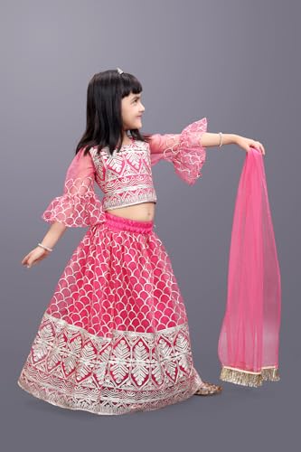 Image of Girl's Princess Lehenga Choli Set - Soft Net, Ribbon Embroidery With Duppata, Readymade