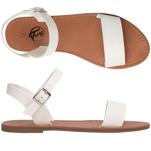 Image of Trary Women's Dressy Summer Leather Flat Ankle Strap Gladiator Open Toe One Band Two Tone Adjustable Metal Buckle Comfortable Wedding Sandals