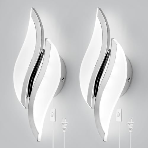 Image of CANEOE Plug in Wall Sconces Set of Two 6000K Chrome Modern LED Wall Light Fixtures Acrylic Wall Sconce Lighting for Living Room Bedroom Bedside Bathroom Hallway Stairway Wall Lamp