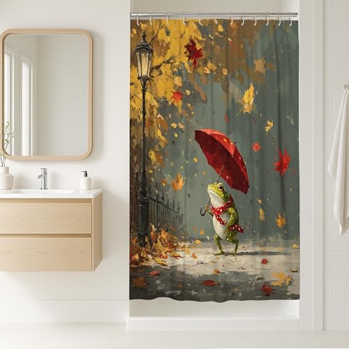 Cortina de ducha de anfibios, diseño de hojas de otoño, paraguas rojo, decoración de baño, cortina de ducha de tela impermeable con ganchos, 91 x 183 cm