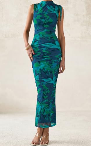 PRETTYGARDEN Women's Summer Maxi Floral Dresses Ruched Bodycon Sleeveless Mesh Formal Wedding Guest Cocktail Split Long Dress