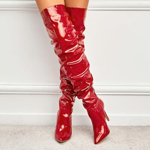 Knee High Boots for Women Patent Leather Thigh High Slouch Boots Pointed Toe Stiletto Heel Womens Boots Side Zipper4