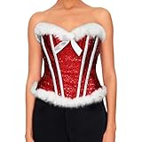 MOBJVIY Womens Corset Top Off Shoulder Costume Fuzzy Trim Bodyshaper Red Bustier Top Christmas Outfits (Scarlet, S)