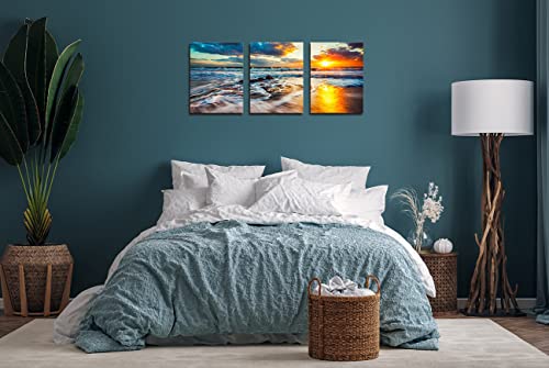 Canvas Wall Art Beach Sunset Ocean Waves Nature Pictures Hd Prints 3 Pieces Stretched Canvas Wooden Framed Artwork For Living Room Bedroom And Office Living Room Wall Decor Size:12"X16"X3 #TOP1