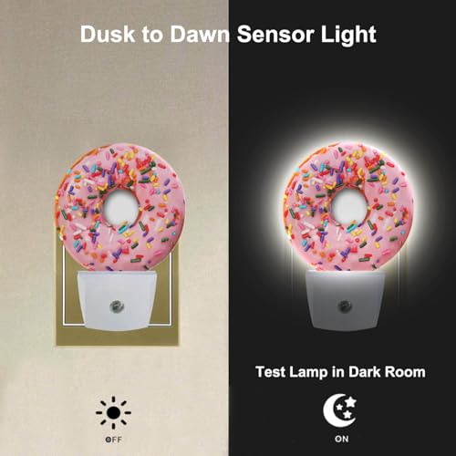 Image of Pink Donut Dusk to Dawn Night Light Sweets Snacks Donut with Sprinkles Night Lights Plug in into Wall Auto Sensor LED Lighting with for Women Girls Gift