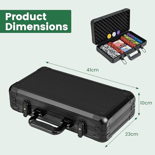 HOMASIS Pokerset mit 300 Laser-Chips, Poker Koffer mit 2 Kartendecks, 5 Würfeln, 3 Dealer Button, abschließbar Pokerkoffer aus Alu mit 2 Schlüsseln, Poker Komplett Set für Partys, Kasino (300 Chips) – Bild 6