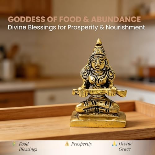Image of Plus Value Goddess of Food Maa Annapurna Devi Brass Idol Statue Deity Vastu Products for Home, Restaurant, Hotel, Temple Pooja Room Decor Keep in Rice Jar (Size 2-inches)