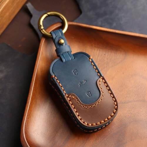 Image of Keyzone Dual Leather Key Cover for Thar, Scorpio, Bolero, XUV700, XUV400, XUV300, TUV300, Marazzo 3 Button flip Key (Push Button Start Models only) (Blue-Brown)
