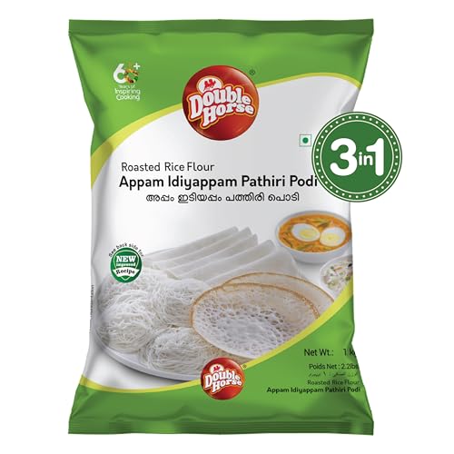 Image of Double Horse Traditional Appam /Idiyappam /Pathiri Rice Flour, 1kg| Roasted| Sortex |Aripodi| Pathiri| Noolappam| Vellappam| ilayada (Pack of 2)
