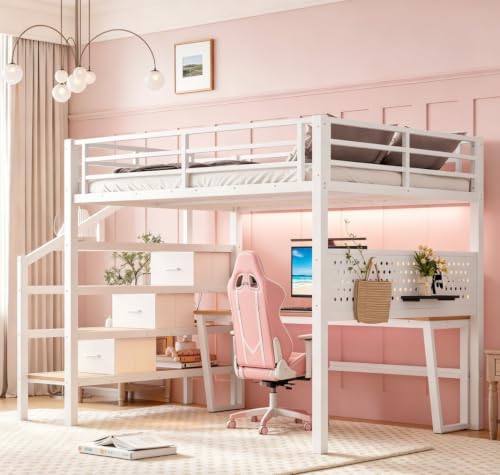 Image of Bellemave Full loft Bed with Movable Desk and Storage Stairs, Shelves, Metal Loft Beds with LED Lights, USB Ports, Multifunctional Iron Nets for Adults, Kids, Teens, White