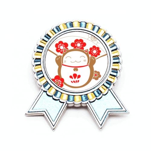 Broche chat porte-bonheur fleurs de cerisier taille M métal ciselé