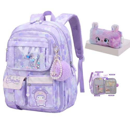 KiddoBack Lovely Kawaii Kids School Backpack For Girls Splash-Proof Book Bag for Kids & Students Multi-Pocket Childrens School Bag 17 Inch Purple Backpack