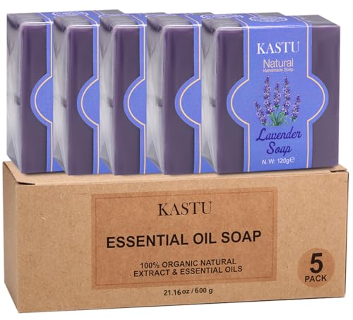 kastu Lavender Oils Soap Bar for Face & Body Moisturizing Softer Skin Natural Handmade Hypoallergenic Beauty Bar Sensitive Skin With Gentle Cleanser Men and Women 5PCS X 120g