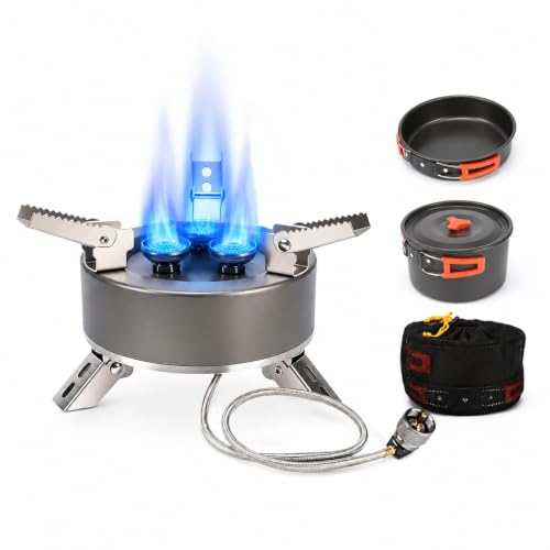 Portable Camping Stove, 5800W Foldable Outdoor Gas Stove with Nonstick Pot, Frying Pan, Mesh Carry Bag, 1 lb Propane Tank Adapter and Hose for Camping, Hiking, Picnic