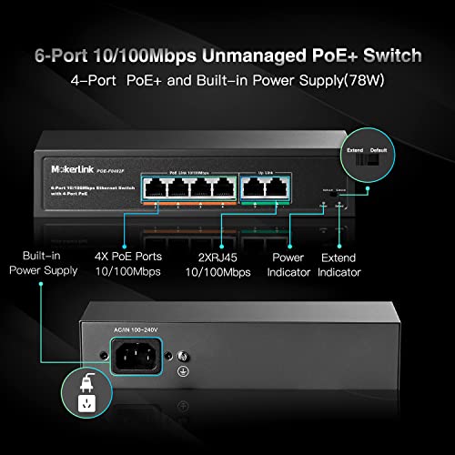 Image of MokerLink 6 Port PoE Switch with 4 Ports PoE+, 2 Fast Ethernet Uplink, 10 /100Mbps, 78W High Power, Support IEEE802.3af /at, Fanless Metal Plug & Play PoE+ Network Switch