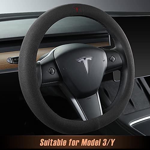 Lkwlikei Custom-Fit Car Steering Wheel Cover For Tesla. Suede With Logo,Anti-Slip Design, Interior Modification Auto Accessories (For Tesla Model 3/Y #TOP3