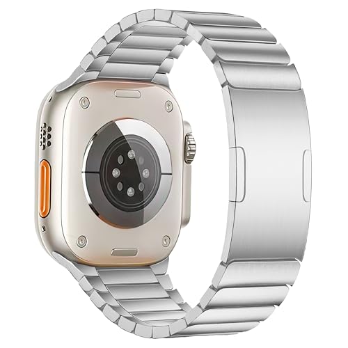 MaKTech Titanium Watch Bracelet Band,Light-Weight Metal Rounded Corner Link Strap with Embedded Buckle,for Apple Watch 10/9/Ultra 2/SE/8/7[2024] (46mm/45mm/44/49mm,Silver)
