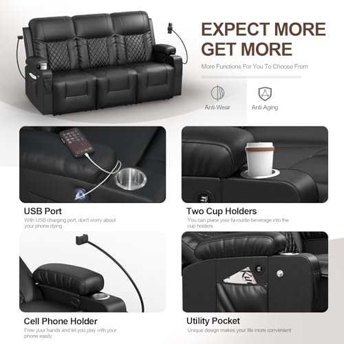 FURNIMAT Recliner Sofa, 3 Seats Dual Reclining Sofa, PU Leather Loveseat Couch, Modern Recliner Chair for Living Room, with Cup Holder and 2 Cell Phone Holder, USB Ports, Black