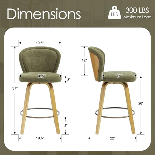 Image of HNY Swivel Counter Height Bar Stools, 26 Inch, Green, Set of 4 | Natural Wooden Leg and Back, Modern Chenille Upholstered, For Kitchen Island
