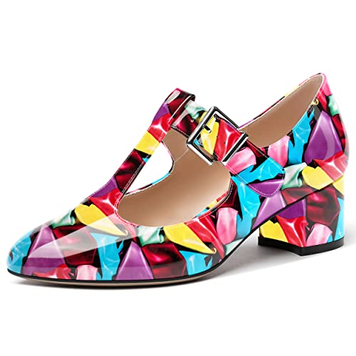 MERRORI Women's Buckle Round Toe T Strap Block Solid Patent Block Low Heel Pumps Shoes 2 Inch