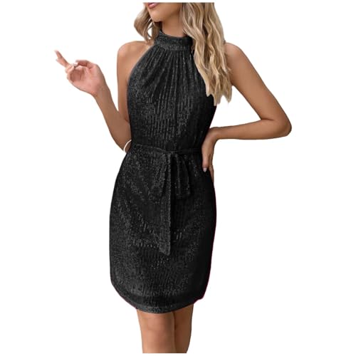 RLEHJN Glitzerkleid Damen,Ärmellos Rundhals Knielang Neckholder Kleid Kurzes Bodycon Mini Kleid Slim Fit Plissee Abendkleid Damen Curvy Tailliert...