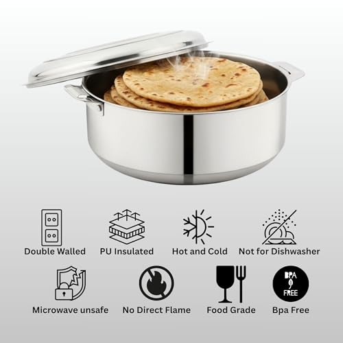 Image of Stainless Steel Double Wall Insulated Hotpot with Lid, 1 Liter Capacity, Keeps Food Hot & Fresh, Durable Heavy Duty, Ideal for Rice, Curry, Biryani, Chapati - Silver