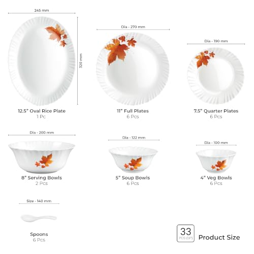 Image of Treo by Milton Opalware Aurelia Mapelle Dinner Set of 33 | Serving for 6 | Microwave & Dishwasher Safe | Bone-Ash Free | Tempered Toughness | Plates, Bowls, Spoons | Crockery Set for Dining & Gifting