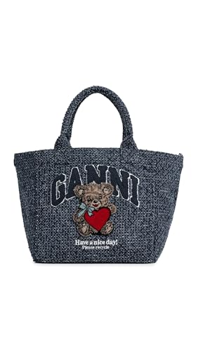 Ganni Women's Small Trapeze Shopper Bear Tweed Denim Tote, Rinse, One Size