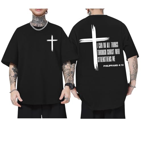 Tuislay Christian Oversized Shirts for Men Jesus Cross T Shirt God Religious Tshirts Faith Graphic Workout Tees Streetwear